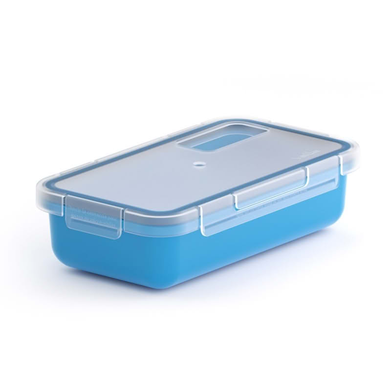 Contenitore ermetico per alimenti utilizzabile in microonde, lavastoviglie e congelatore, da -20ºC a 200ºC, realizzato in PBT azzurro, capacità 500 ml